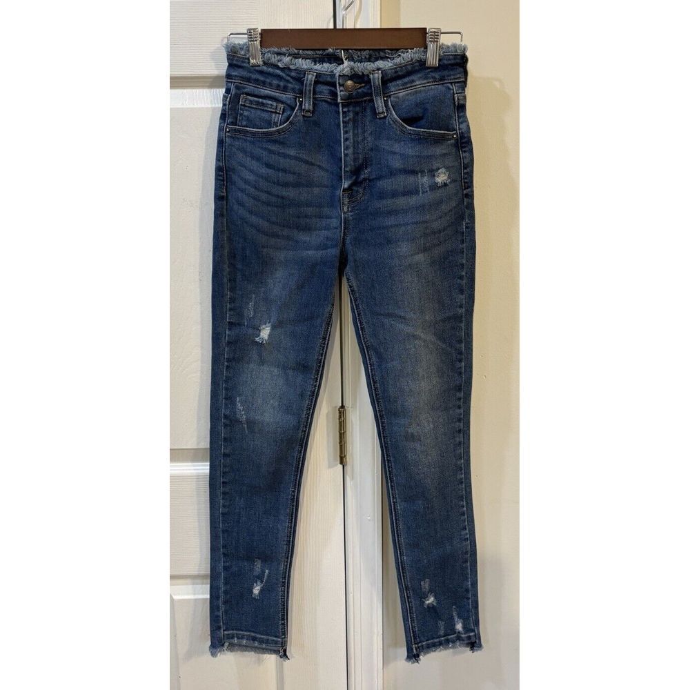 Risen‎ Raw Edge Waisted Jeans With Stepped Hem Women's Sz 1 Distressed Skinny